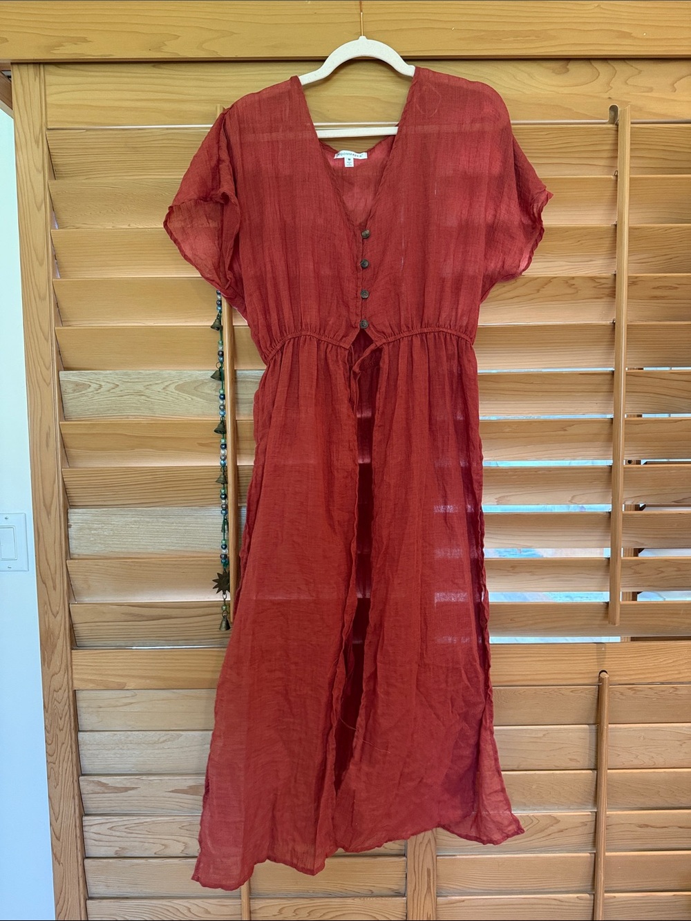 Rust Red Button-Front swim cover up with Tie Waist